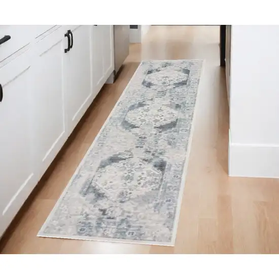 8' Blue Oriental Power Loom Distressed Washable Runner Rug Photo 2