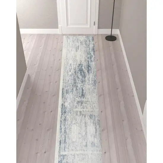 12' Blue Oriental Power Loom Distressed Washable Runner Rug Photo 2