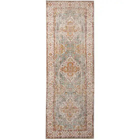 7' Blue Oriental Power Loom Runner Rug With Fringe Photo 1