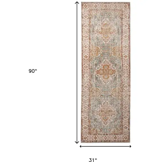 7' Blue Oriental Power Loom Runner Rug With Fringe Photo 8