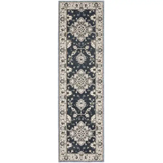 8' Blue Oriental Runner Rug Photo 5