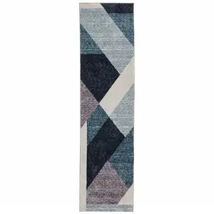 Photo of 8' Blue Purple Grey And Teal Geometric Power Loom Runner Rug