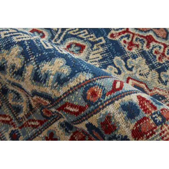 8' Blue Red And Ivory Abstract Power Loom Distressed Stain Resistant Runner Rug Photo 4