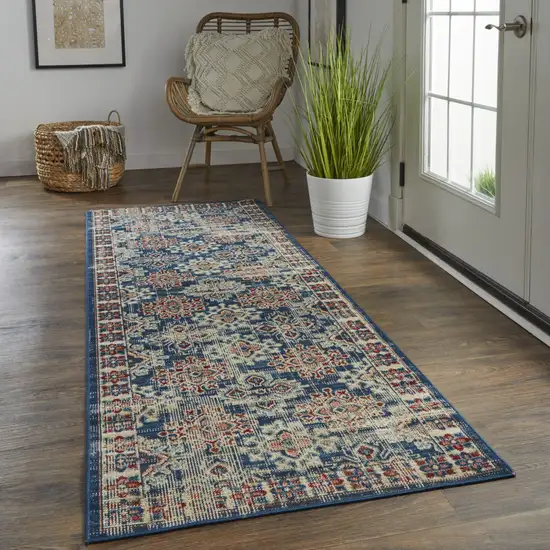 8' Blue Red And Ivory Abstract Power Loom Distressed Stain Resistant Runner Rug Photo 2