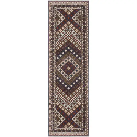 8' Blue Red And Ivory Diamond Runner Rug With Fringe Photo 1