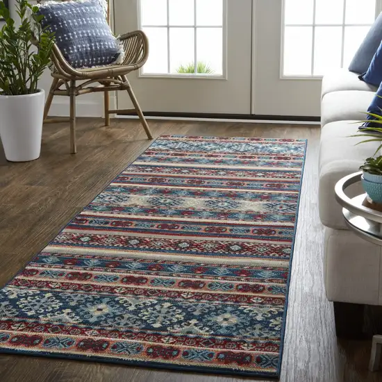 8' Blue Red And Ivory Geometric Power Loom Distressed Stain Resistant Runner Rug Photo 5