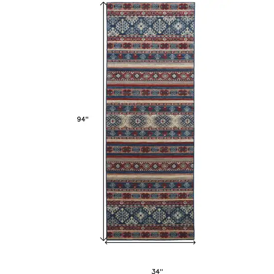 8' Blue Red And Ivory Geometric Power Loom Distressed Stain Resistant Runner Rug Photo 7