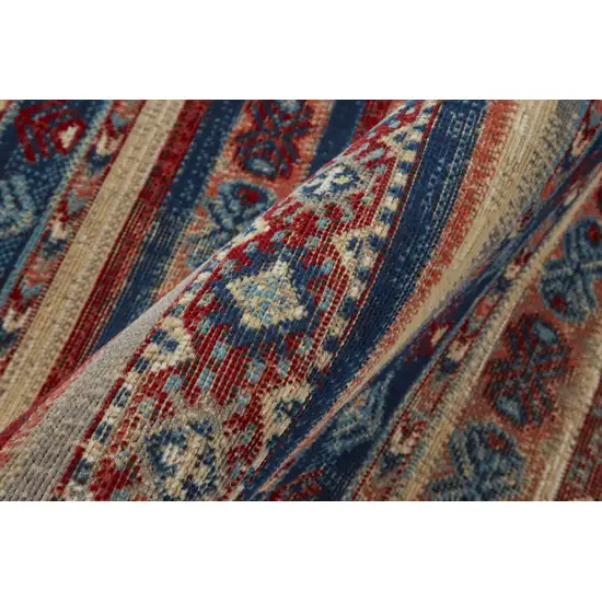 8' Blue Red And Ivory Geometric Power Loom Distressed Stain Resistant Runner Rug Photo 6