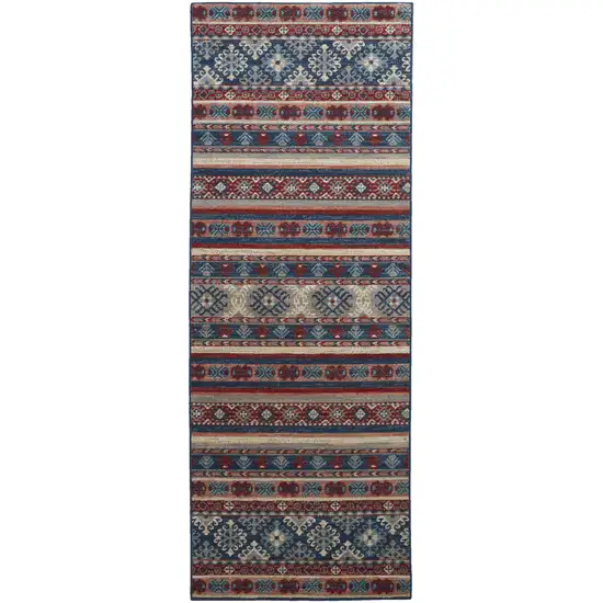 8' Blue Red And Ivory Geometric Power Loom Distressed Stain Resistant Runner Rug Photo 1