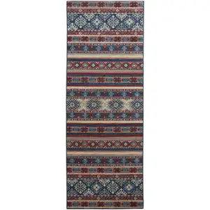 Photo of 8' Blue Red And Ivory Geometric Power Loom Distressed Stain Resistant Runner Rug