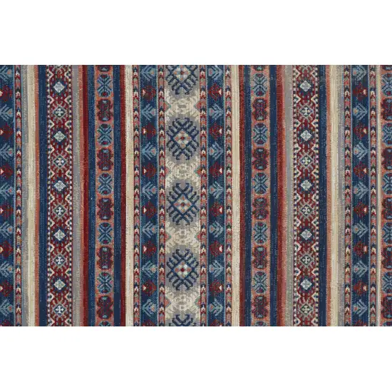 8' Blue Red And Ivory Geometric Power Loom Distressed Stain Resistant Runner Rug Photo 3