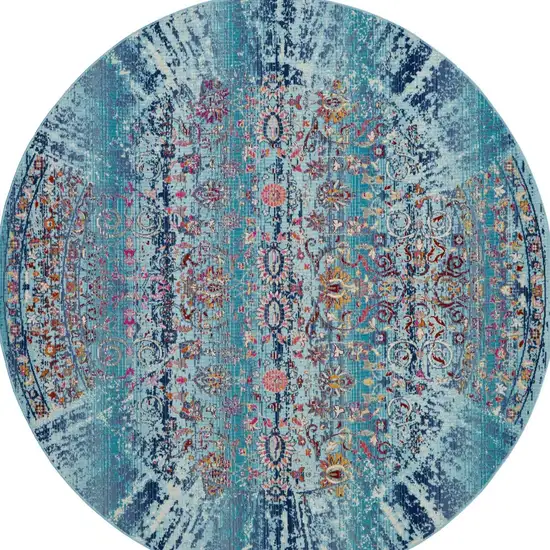 6' Blue Red And Orange Floral Distressed Round Rug Photo 8