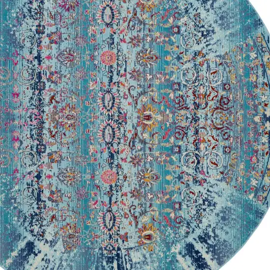 6' Blue Red And Orange Floral Distressed Round Rug Photo 7