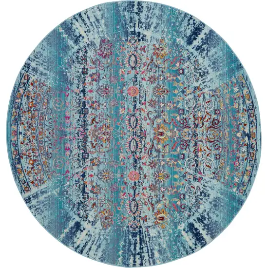 6' Blue Red And Orange Floral Distressed Round Rug Photo 2