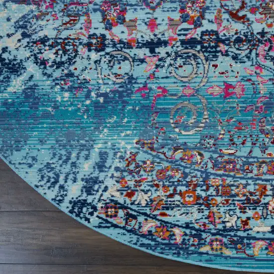 6' Blue Red And Orange Floral Distressed Round Rug Photo 4