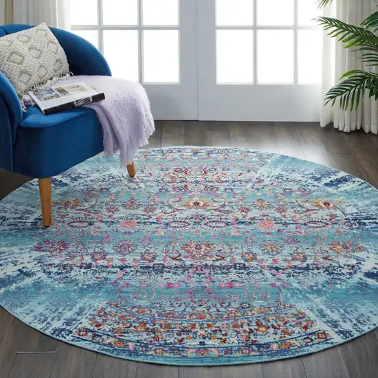 6' Blue Red And Orange Floral Distressed Round Rug Photo 9