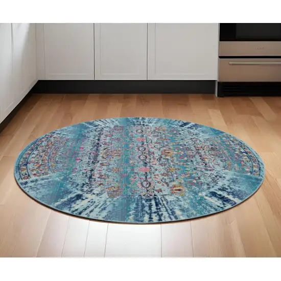 6' Blue Red And Orange Floral Distressed Round Rug Photo 1