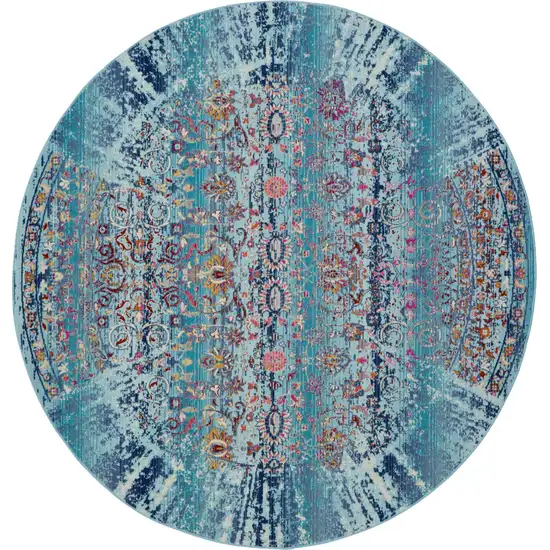 4' Blue Red And Orange Floral Distressed Round Rug Photo 8