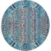 Photo of 4' Blue Red And Orange Floral Distressed Round Rug