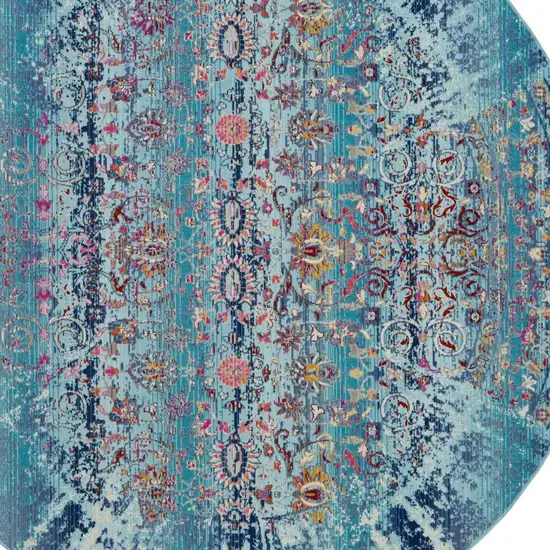 4' Blue Red And Orange Floral Distressed Round Rug Photo 7