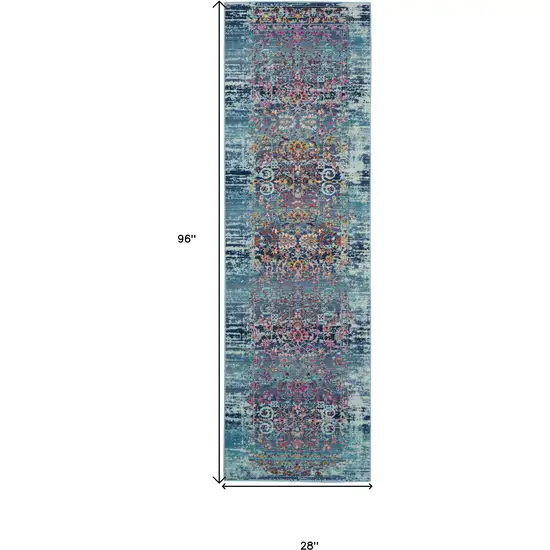 8' Blue Red And Orange Floral Distressed Runner Rug Photo 3