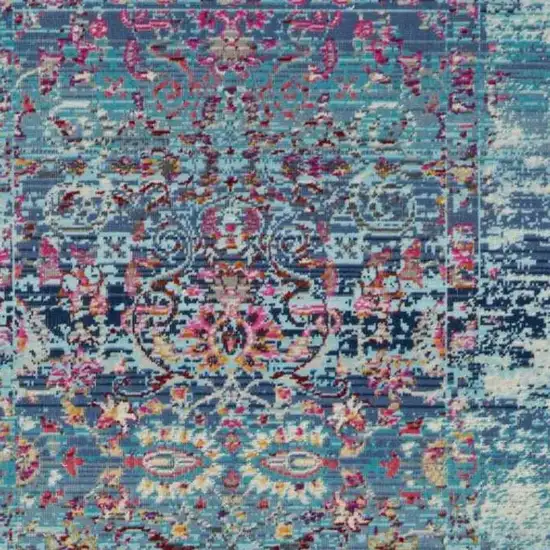 8' Blue Red And Orange Floral Distressed Runner Rug Photo 7