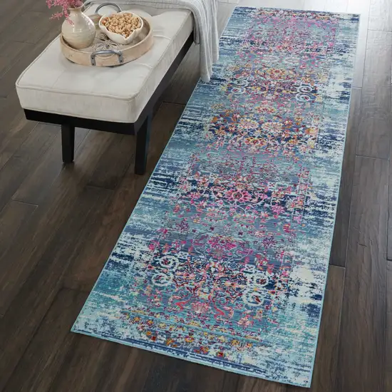 8' Blue Red And Orange Floral Distressed Runner Rug Photo 9