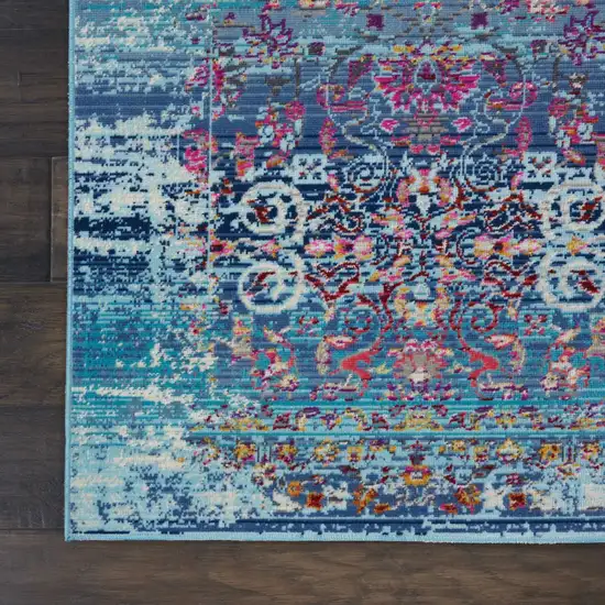 8' Blue Red And Orange Floral Distressed Runner Rug Photo 4