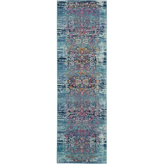 8' Blue Red And Orange Floral Distressed Runner Rug Photo 2