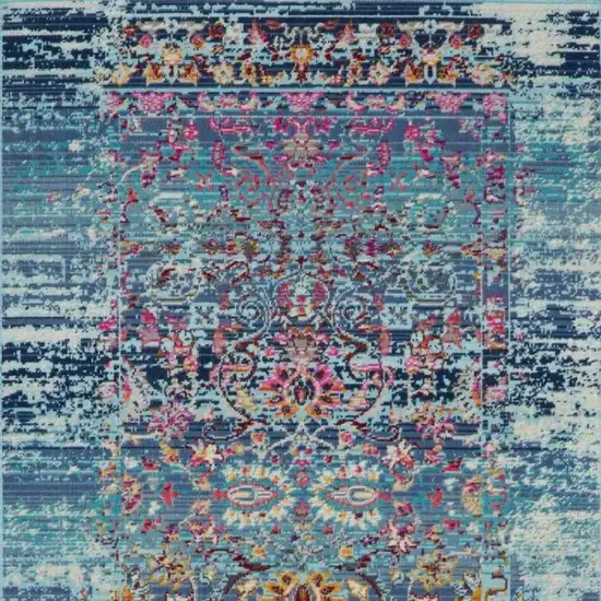 8' Blue Red And Orange Floral Distressed Runner Rug Photo 8