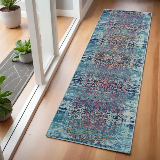 6' Blue Red And Orange Floral Distressed Runner Rug Photo 1