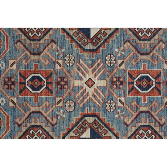 8' Blue Red And Tan Abstract Power Loom Distressed Stain Resistant Runner Rug Photo 3