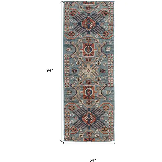 8' Blue Red And Tan Abstract Power Loom Distressed Stain Resistant Runner Rug Photo 6