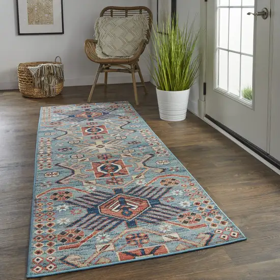 8' Blue Red And Tan Abstract Power Loom Distressed Stain Resistant Runner Rug Photo 5