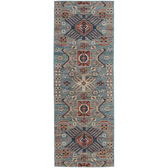 8' Blue Red And Tan Abstract Power Loom Distressed Stain Resistant Runner Rug Photo 1