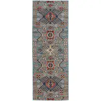 Photo of 8' Blue Red And Tan Abstract Power Loom Distressed Stain Resistant Runner Rug