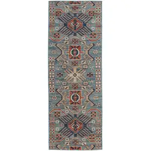 Photo of 8' Blue Red And Tan Abstract Power Loom Distressed Stain Resistant Runner Rug