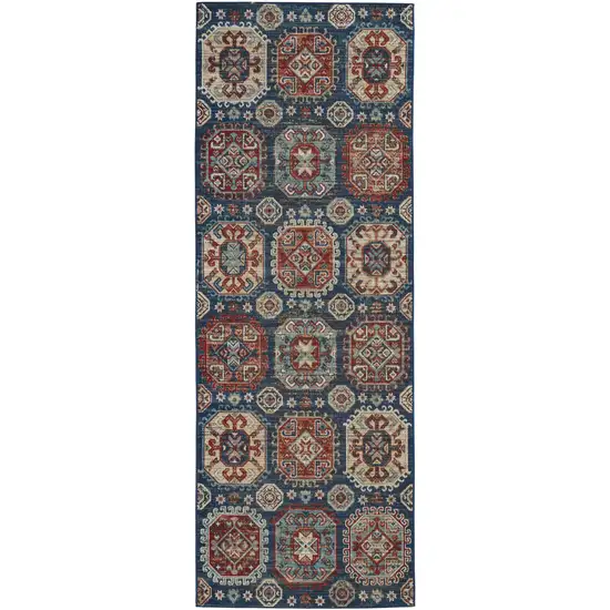 8' Blue Red And Tan Abstract Power Loom Distressed Stain Resistant Runner Rug Photo 1