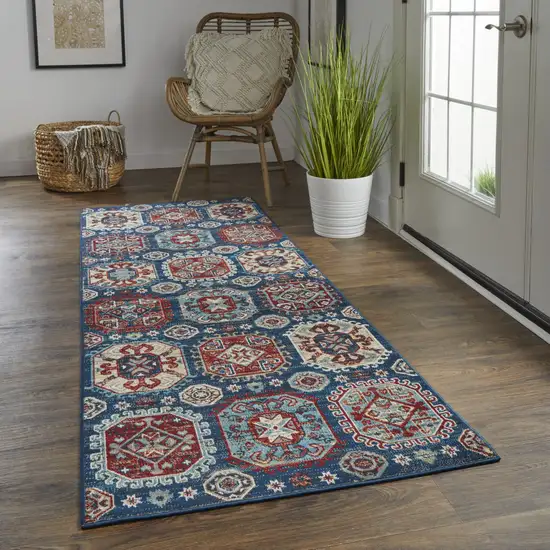 8' Blue Red And Tan Abstract Power Loom Distressed Stain Resistant Runner Rug Photo 5