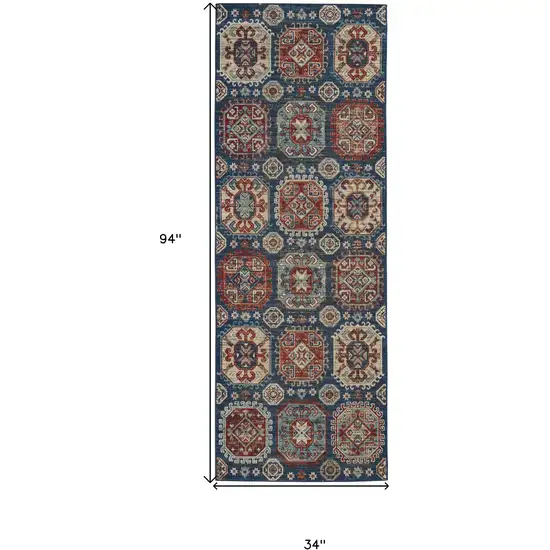 8' Blue Red And Tan Abstract Power Loom Distressed Stain Resistant Runner Rug Photo 7