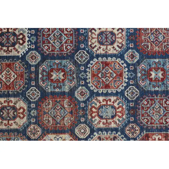 8' Blue Red And Tan Abstract Power Loom Distressed Stain Resistant Runner Rug Photo 3