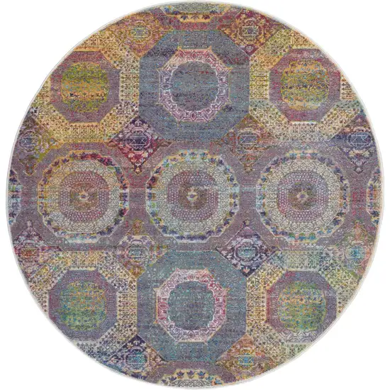 6' Blue Red and Orange Geometric Distressed Non Skid Round Rug Photo 2