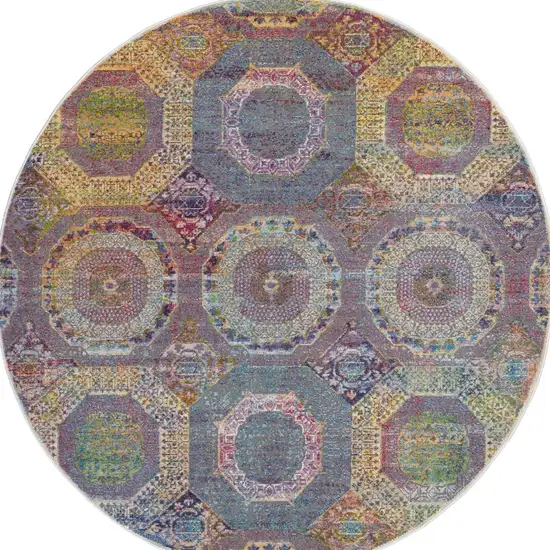 6' Blue Red and Orange Geometric Distressed Non Skid Round Rug Photo 8