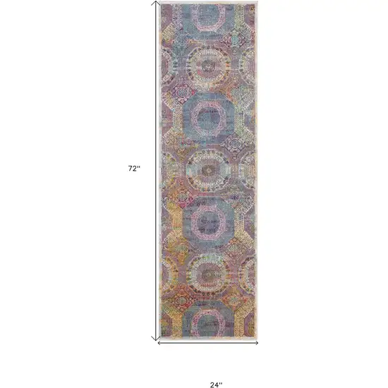 6' Blue Red and Orange Geometric Distressed Non Skid Runner Rug Photo 3