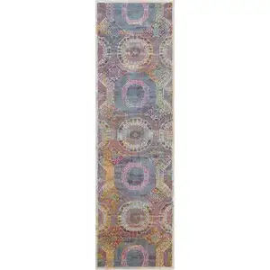 Photo of 8' Blue Red and Orange Geometric Distressed Non Skid Runner Rug