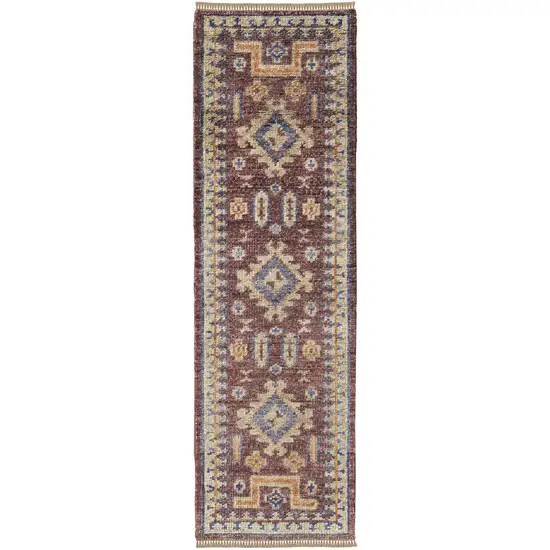 10' Blue Red and Tan Wool Geometric Hand Knotted Runner Rug With Fringe Photo 2