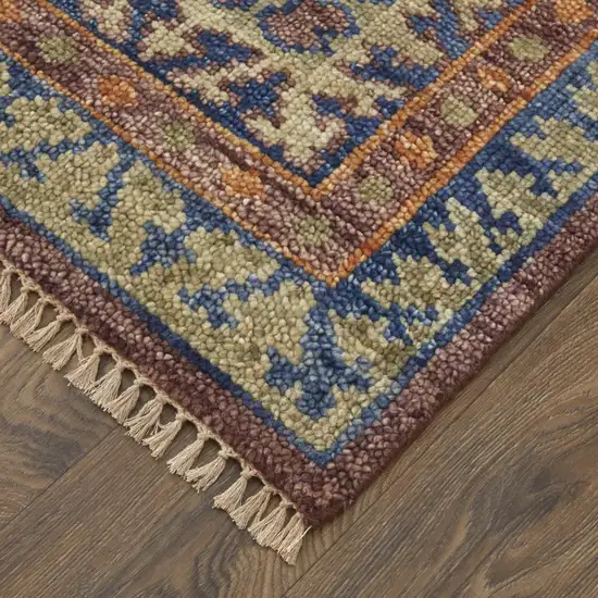 10' Blue Red and Tan Wool Geometric Hand Knotted Runner Rug With Fringe Photo 8