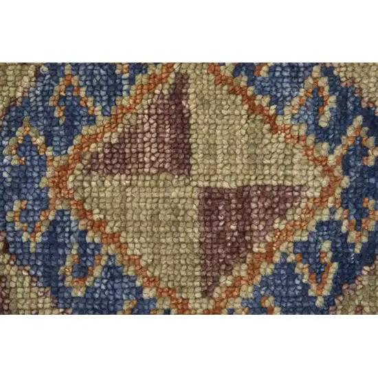 12' Blue Red and Tan Wool Geometric Hand Knotted Runner Rug With Fringe Photo 9