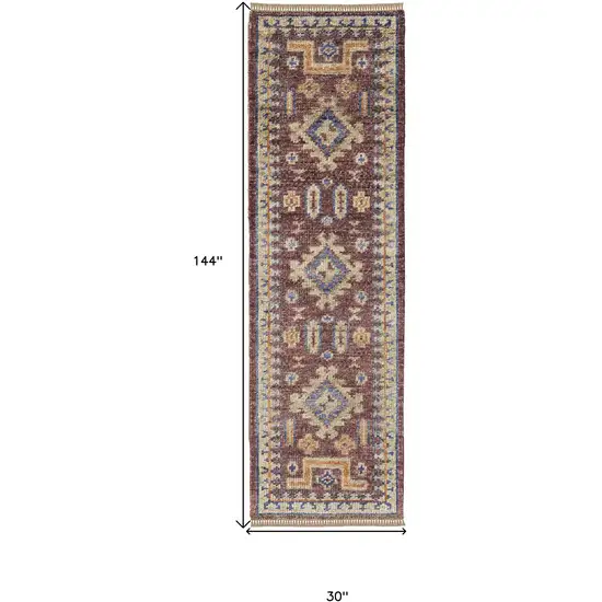 12' Blue Red and Tan Wool Geometric Hand Knotted Runner Rug With Fringe Photo 3