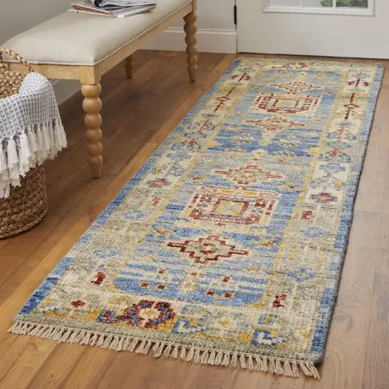 10' Blue Red and Yellow Wool Geometric Hand Knotted Runner Rug With Fringe Photo 7